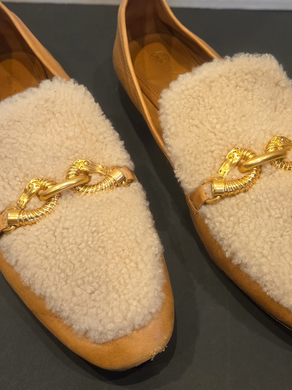 Tory Burch Jessa Loafers Cream Shearling & Tan Leather Loafers with Gold Horse